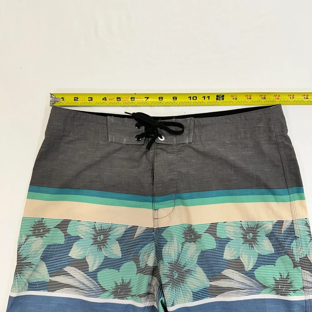 O'Rageous Floral Striped Board Shorts Mens 30 Blue Teal Zipper Pocket Surf core‎